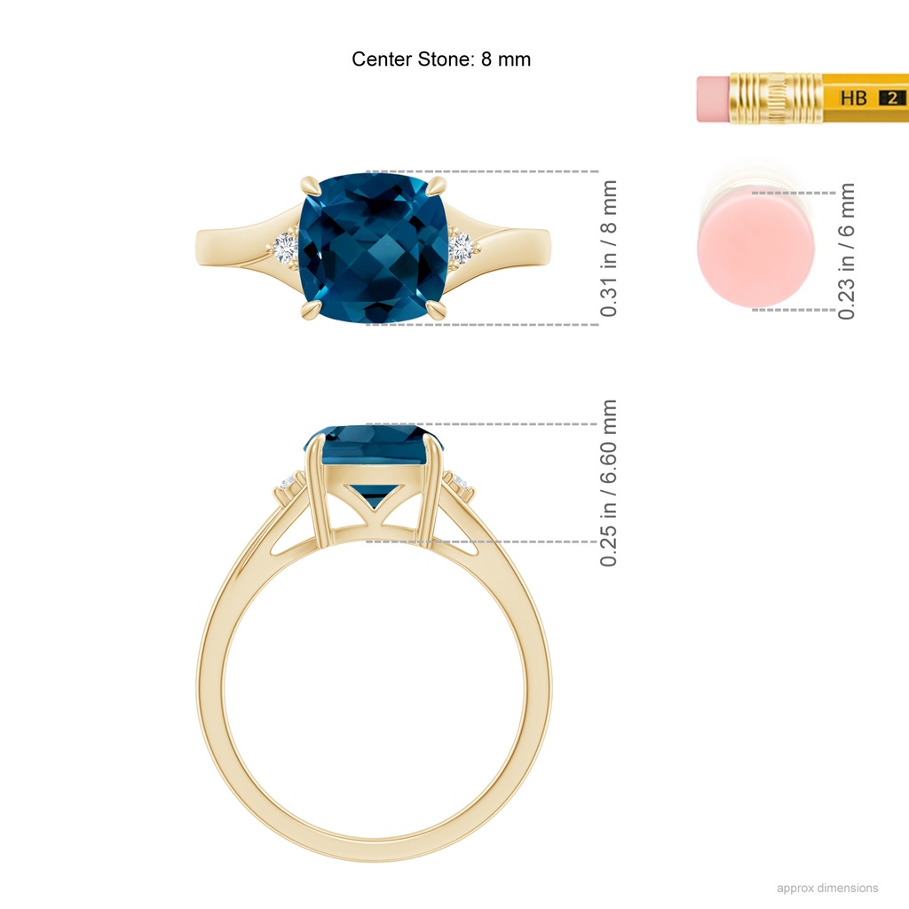 8mm AAAA Split Shank Cushion London Blue Topaz Solitaire Ring in Yellow Gold Ruler