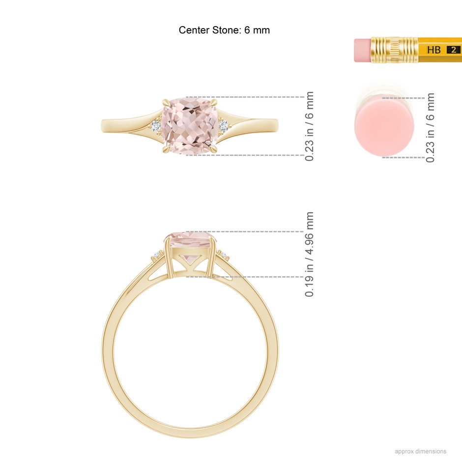 6mm A Split Shank Cushion Morganite Solitaire Ring in Yellow Gold ruler