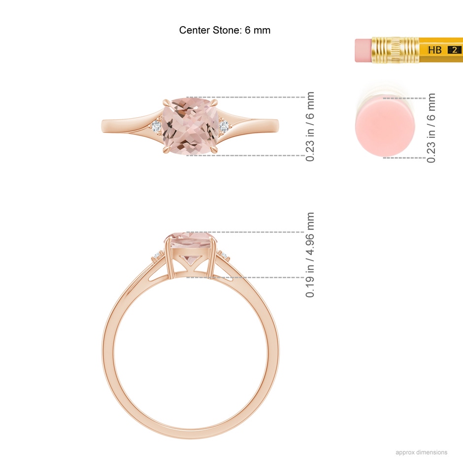 6mm AA Split Shank Cushion Morganite Solitaire Ring in 9K Rose Gold ruler