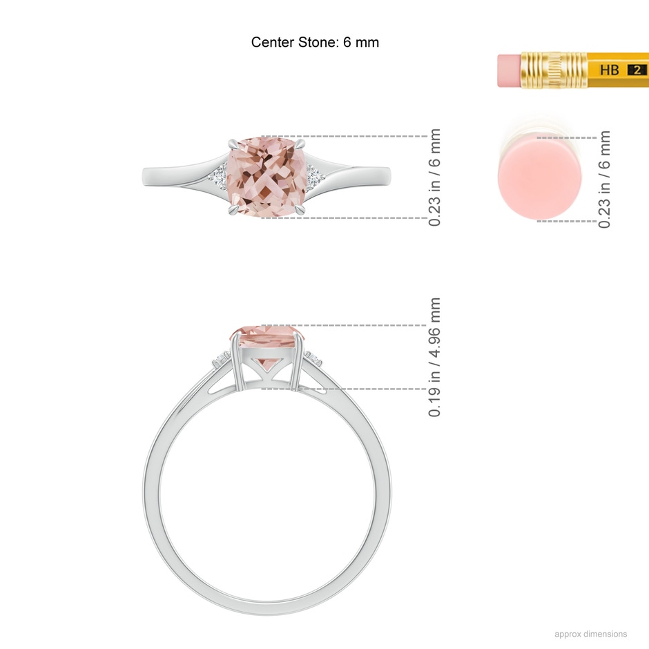 6mm AAA Split Shank Cushion Morganite Solitaire Ring in White Gold ruler