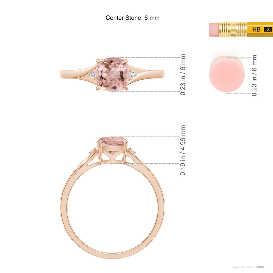 6mm AAAA Split Shank Cushion Morganite Solitaire Ring in Rose Gold ruler