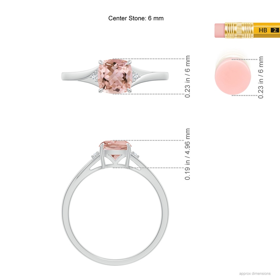 6mm AAAA Split Shank Cushion Morganite Solitaire Ring in White Gold ruler