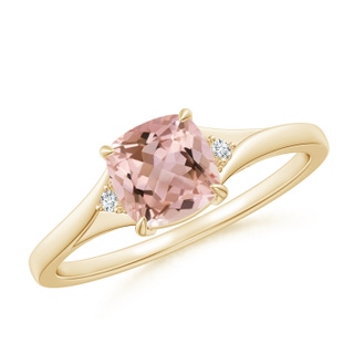 6mm AAAA Split Shank Cushion Morganite Solitaire Ring in Yellow Gold