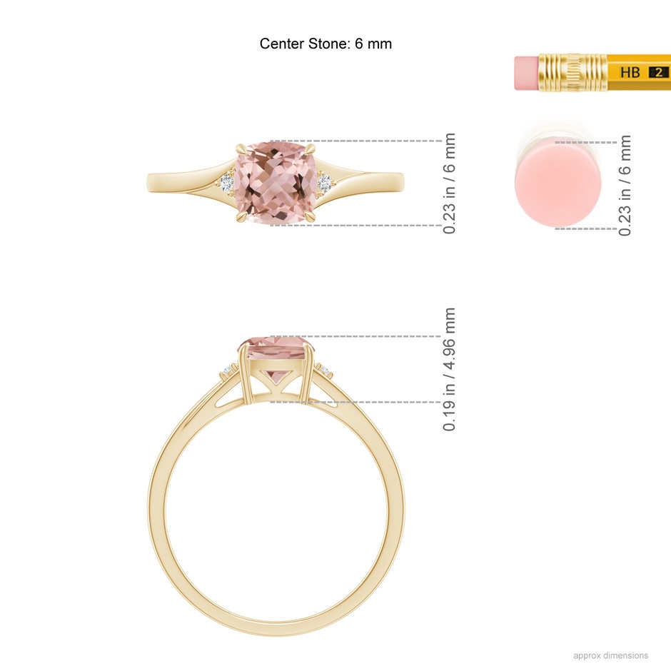 6mm AAAA Split Shank Cushion Morganite Solitaire Ring in Yellow Gold ruler