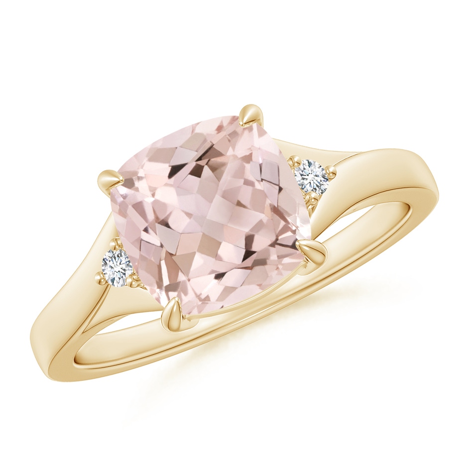 8mm A Split Shank Cushion Morganite Solitaire Ring in Yellow Gold 