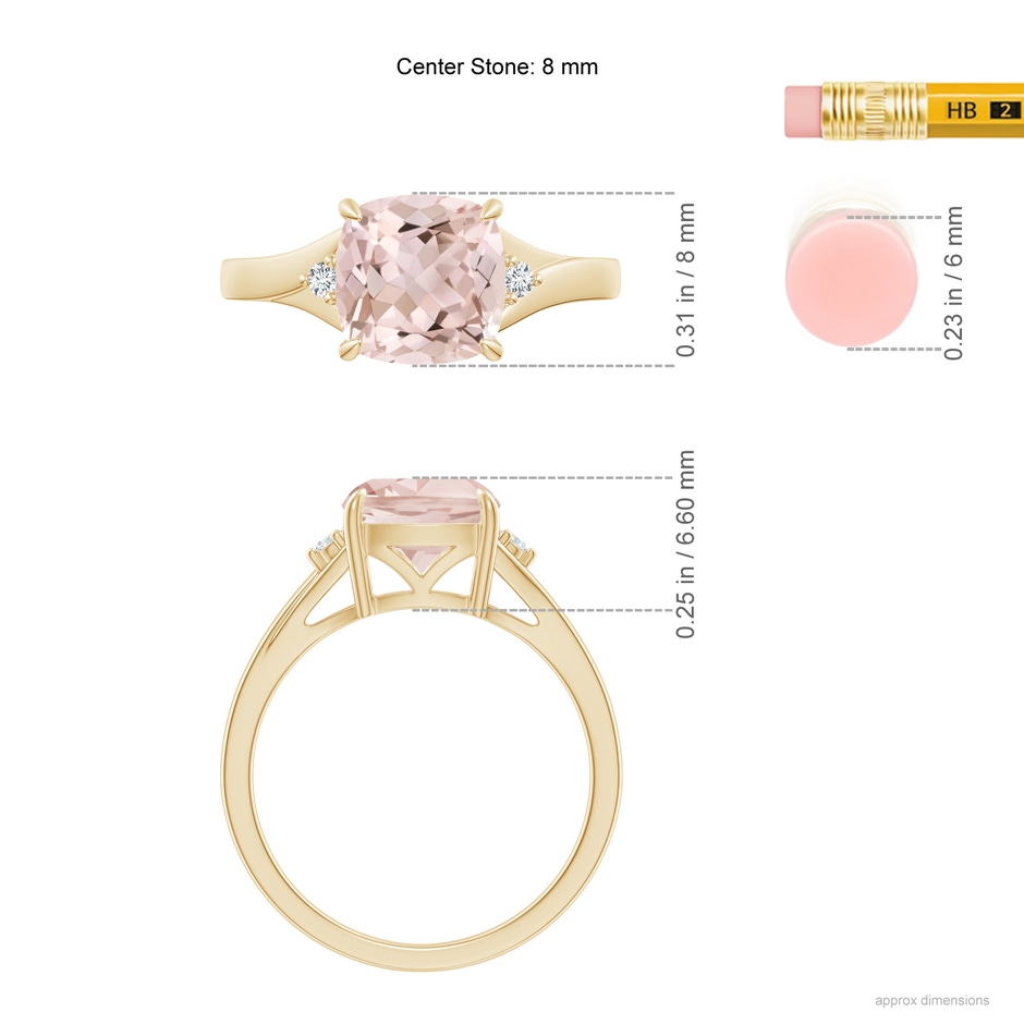 8mm A Split Shank Cushion Morganite Solitaire Ring in Yellow Gold ruler