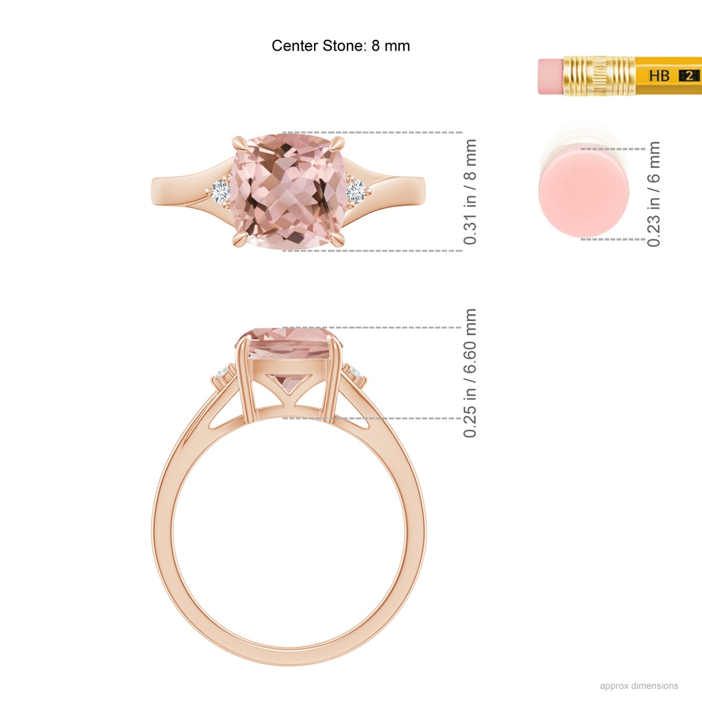 8mm AAAA Split Shank Cushion Morganite Solitaire Ring in Rose Gold Ruler