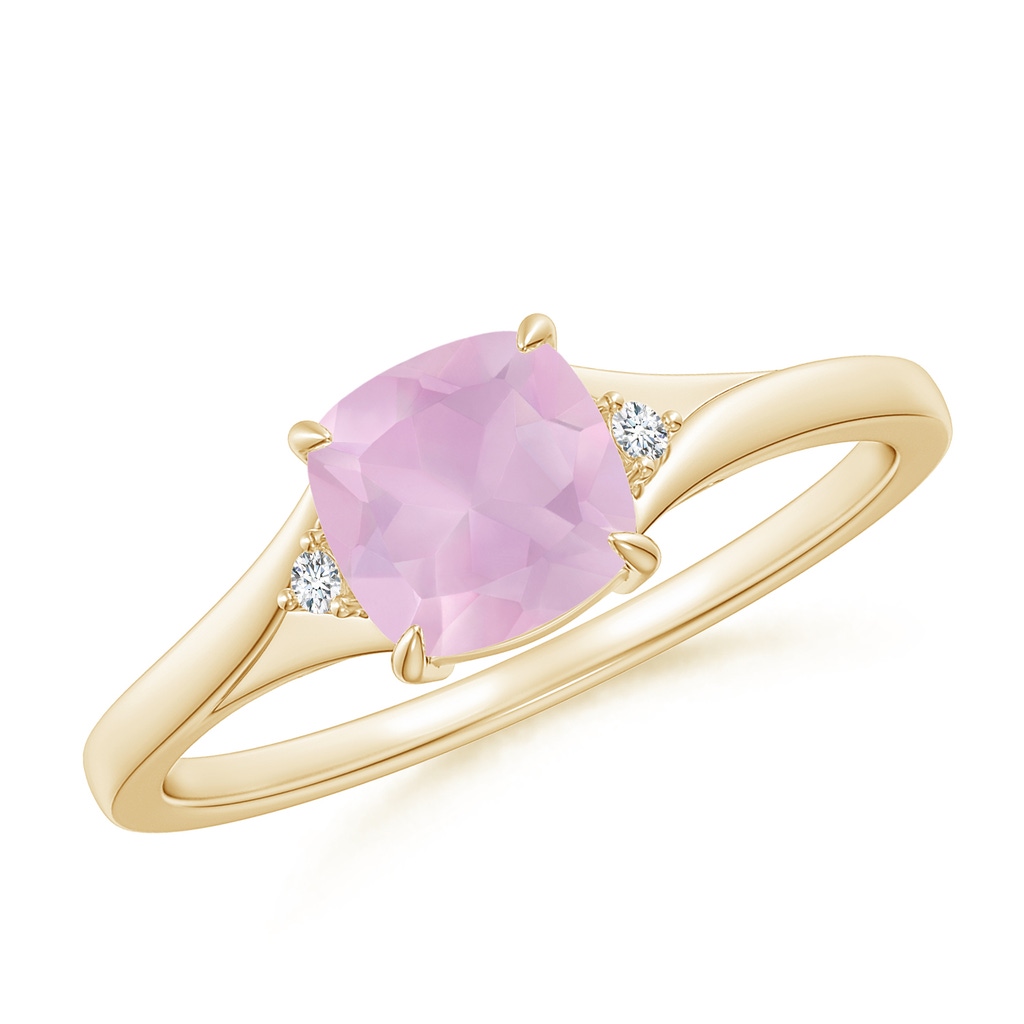 6mm AAAA Split Shank Cushion Rose Quartz Solitaire Ring in Yellow Gold