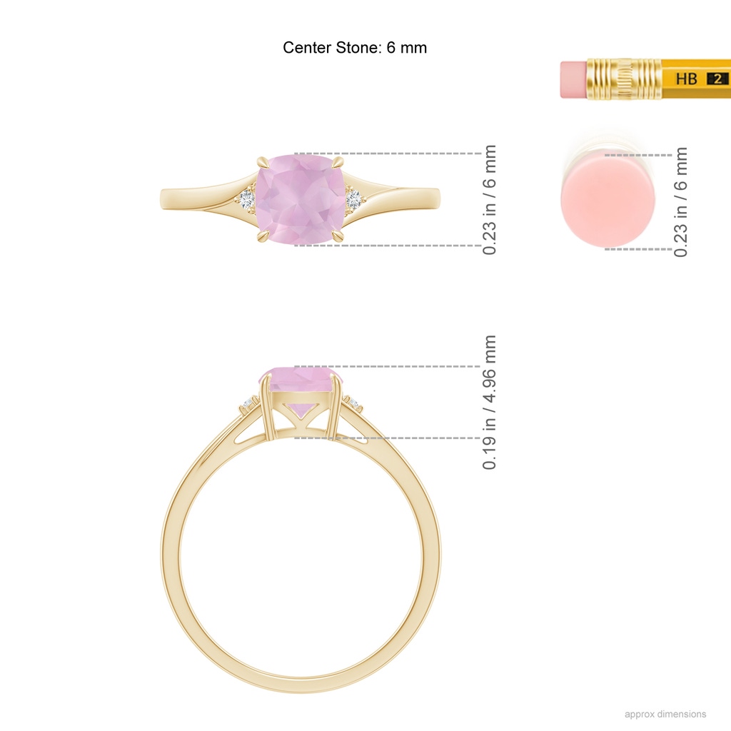 6mm AAAA Split Shank Cushion Rose Quartz Solitaire Ring in Yellow Gold Ruler