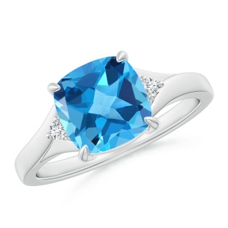 8mm AAA Split Shank Cushion Swiss Blue Topaz Solitaire Ring in White Gold