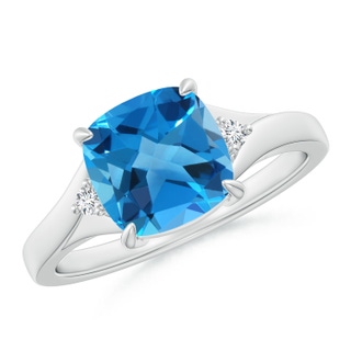 8mm AAAA Split Shank Cushion Swiss Blue Topaz Solitaire Ring in White Gold