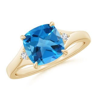 8mm AAAA Split Shank Cushion Swiss Blue Topaz Solitaire Ring in Yellow Gold