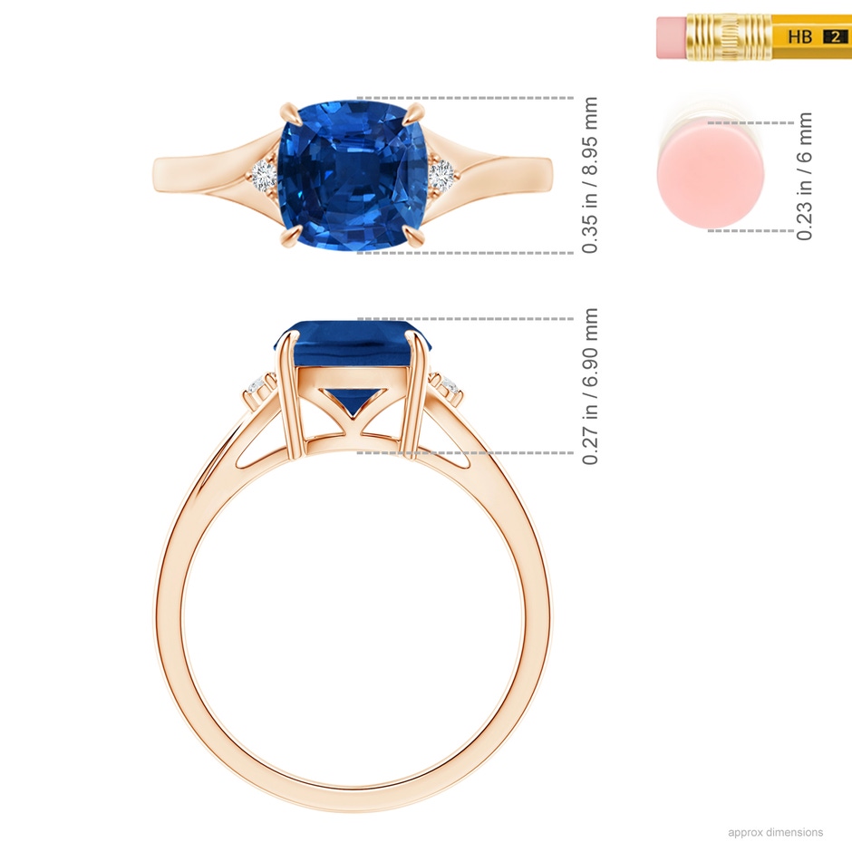 8.76x8.58x6.00mm AAAA GIA Certified Split Shank Cushion Blue Sapphire Solitaire Ring in Rose Gold ruler