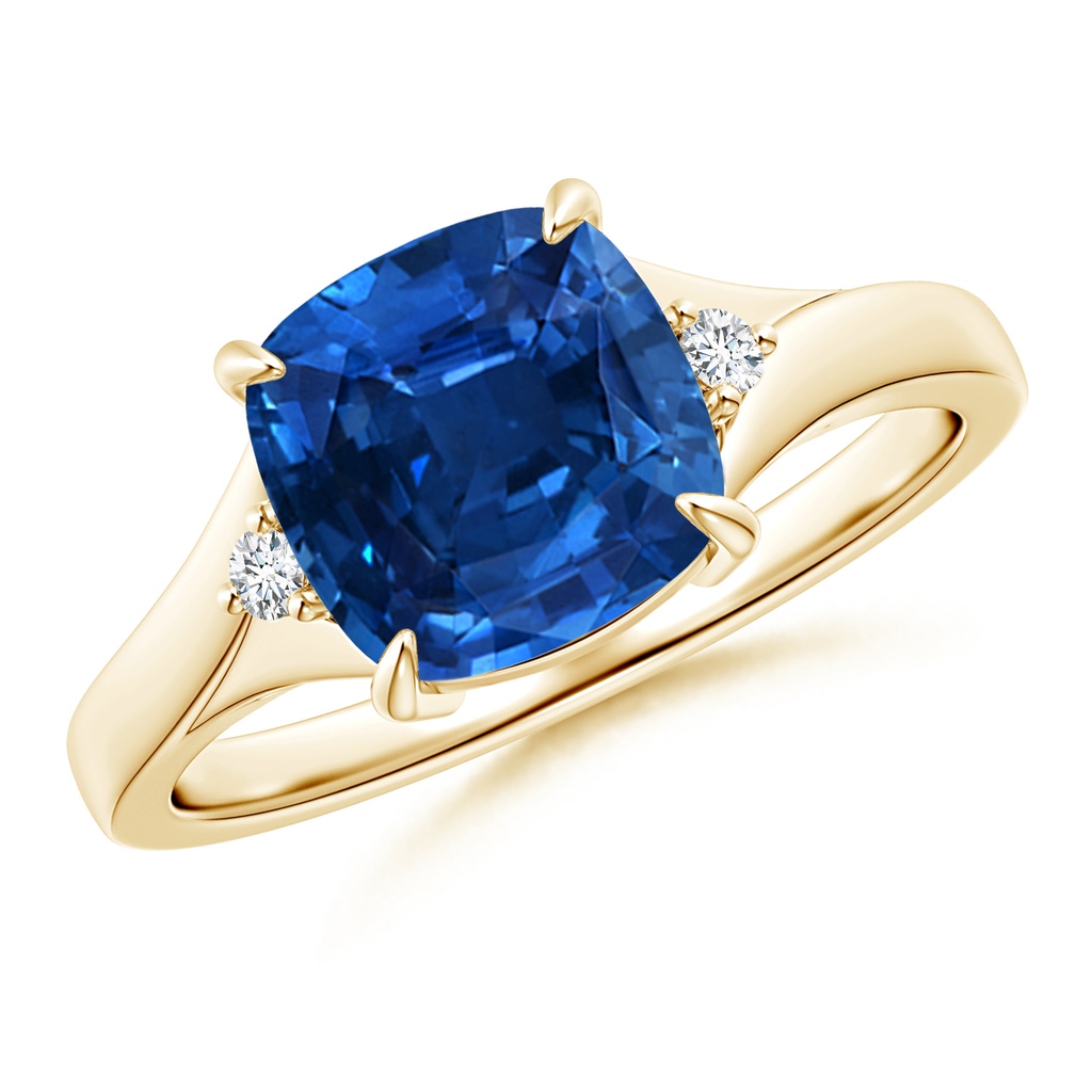 8.76x8.58x6.00mm AAAA GIA Certified Split Shank Cushion Blue Sapphire Solitaire Ring in Yellow Gold