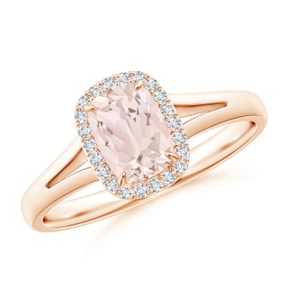 7x5mm A Claw-Set Cushion Morganite Halo Split Shank Ring in Rose Gold