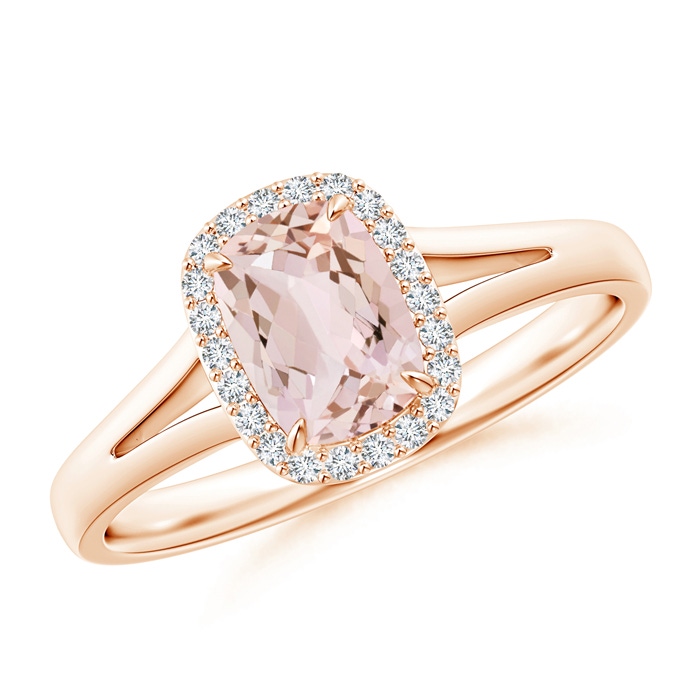 7x5mm AA Claw-Set Cushion Morganite Halo Split Shank Ring in 9K Rose Gold 