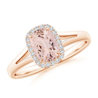 7x5mm AAA Claw-Set Cushion Morganite Halo Split Shank Ring in 9K Rose Gold