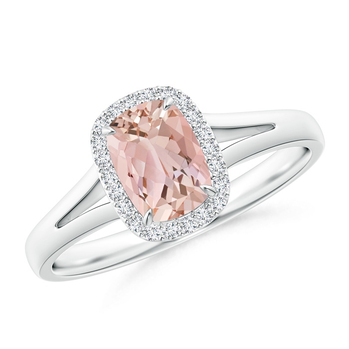 7x5mm AAAA Claw-Set Cushion Morganite Halo Split Shank Ring in P950 Platinum 
