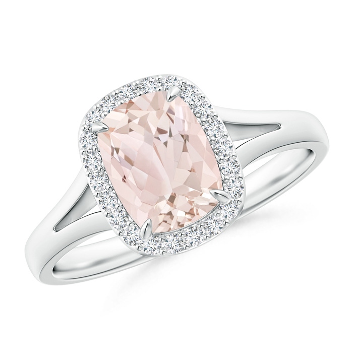 8x6mm A Claw-Set Cushion Morganite Halo Split Shank Ring in White Gold 