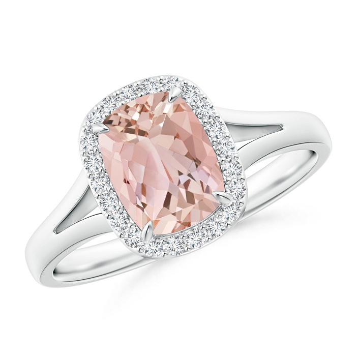 8x6mm AAAA Claw-Set Cushion Morganite Halo Split Shank Ring in White Gold 