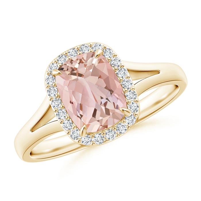 8x6mm AAAA Claw-Set Cushion Morganite Halo Split Shank Ring in Yellow Gold 