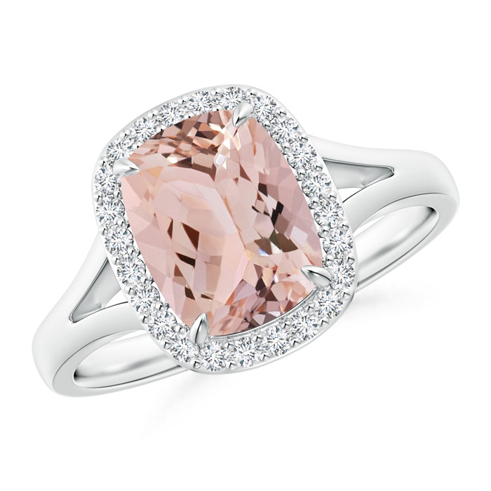 9x7mm AAA Claw-Set Cushion Morganite Halo Split Shank Ring in P950 Platinum 