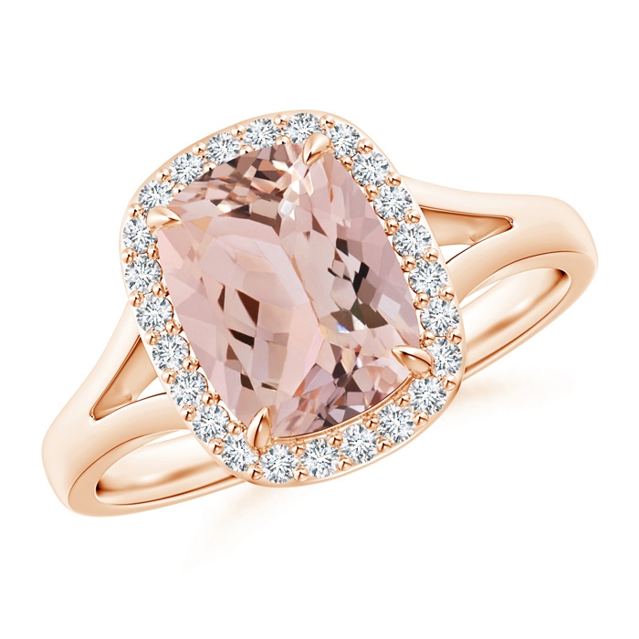9x7mm AAA Claw-Set Cushion Morganite Halo Split Shank Ring in Rose Gold 