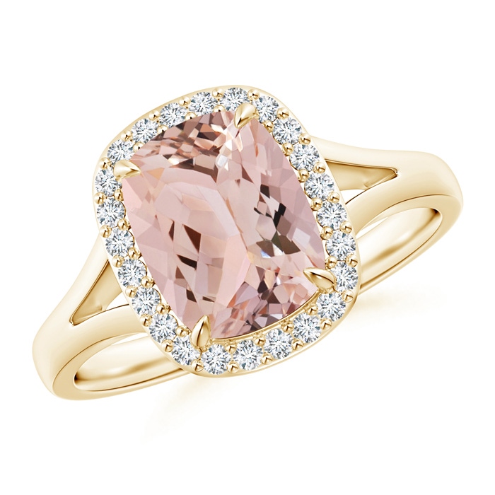 9x7mm AAA Claw-Set Cushion Morganite Halo Split Shank Ring in Yellow Gold 