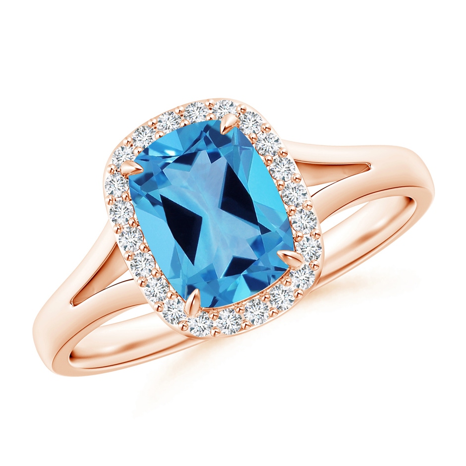 8.01x6.08x4.12mm AAAA GIA Certified Claw-Set Cushion Rectangular Swiss Blue Topaz Halo Split Shank Ring in 9K Rose Gold 