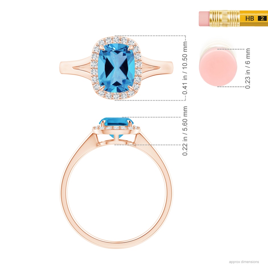 8.01x6.08x4.12mm AAAA GIA Certified Claw-Set Cushion Rectangular Swiss Blue Topaz Halo Split Shank Ring in 9K Rose Gold ruler