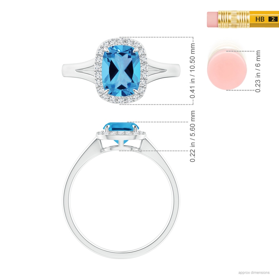 8.01x6.08x4.12mm AAAA GIA Certified Claw-Set Cushion Rectangular Swiss Blue Topaz Halo Split Shank Ring in White Gold ruler