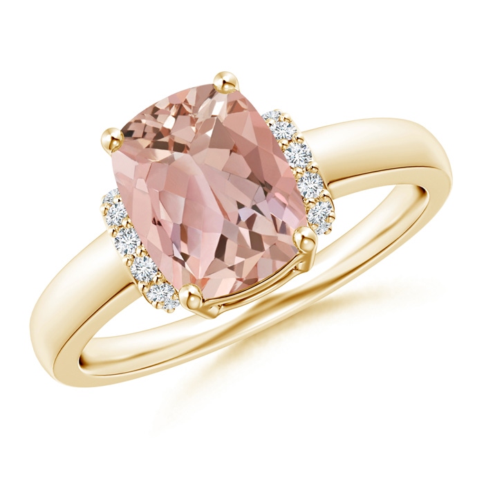 9x7mm AAAA Cushion Morganite Ring with Diamond Collar in Yellow Gold