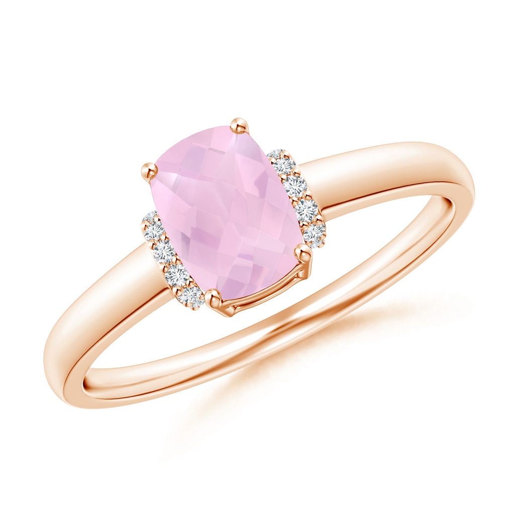 7x5mm AAAA Cushion Rose Quartz Ring with Diamond Collar in Rose Gold