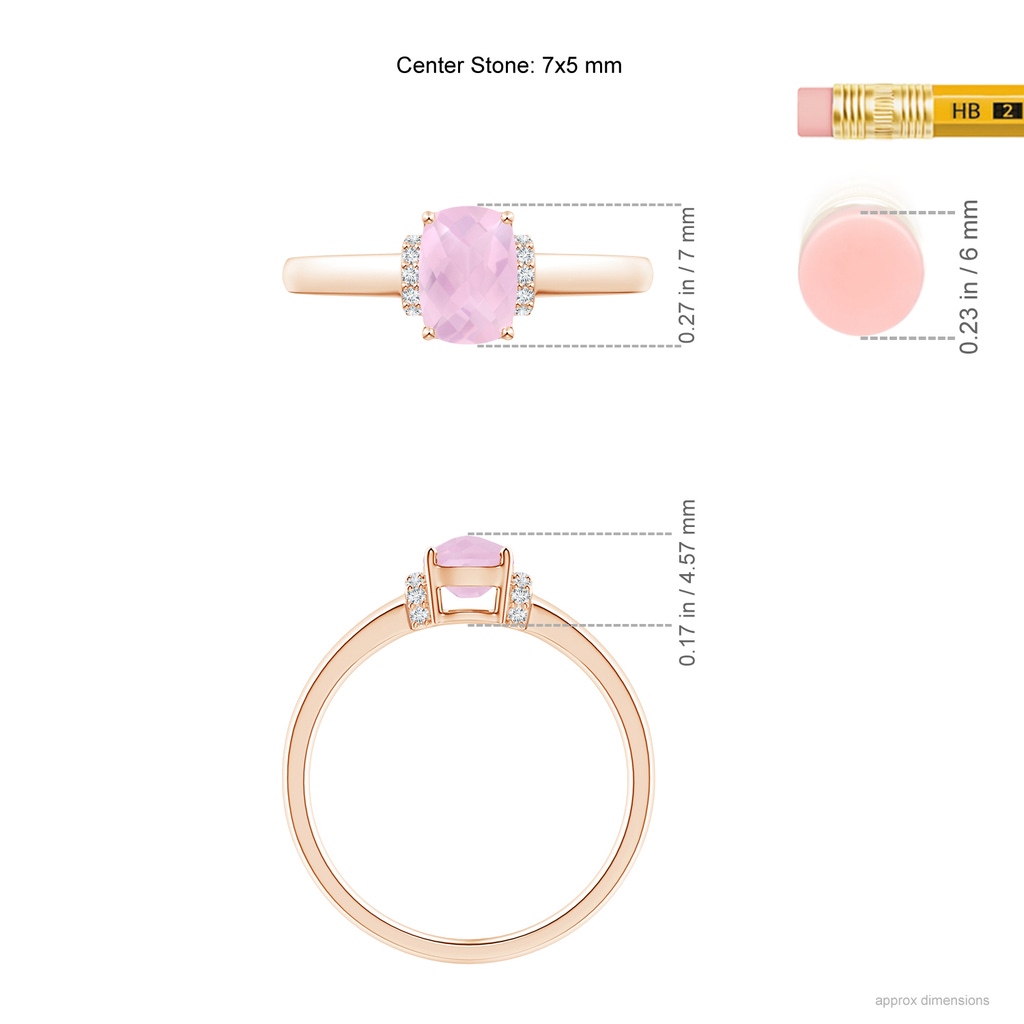 7x5mm AAAA Cushion Rose Quartz Ring with Diamond Collar in Rose Gold Ruler