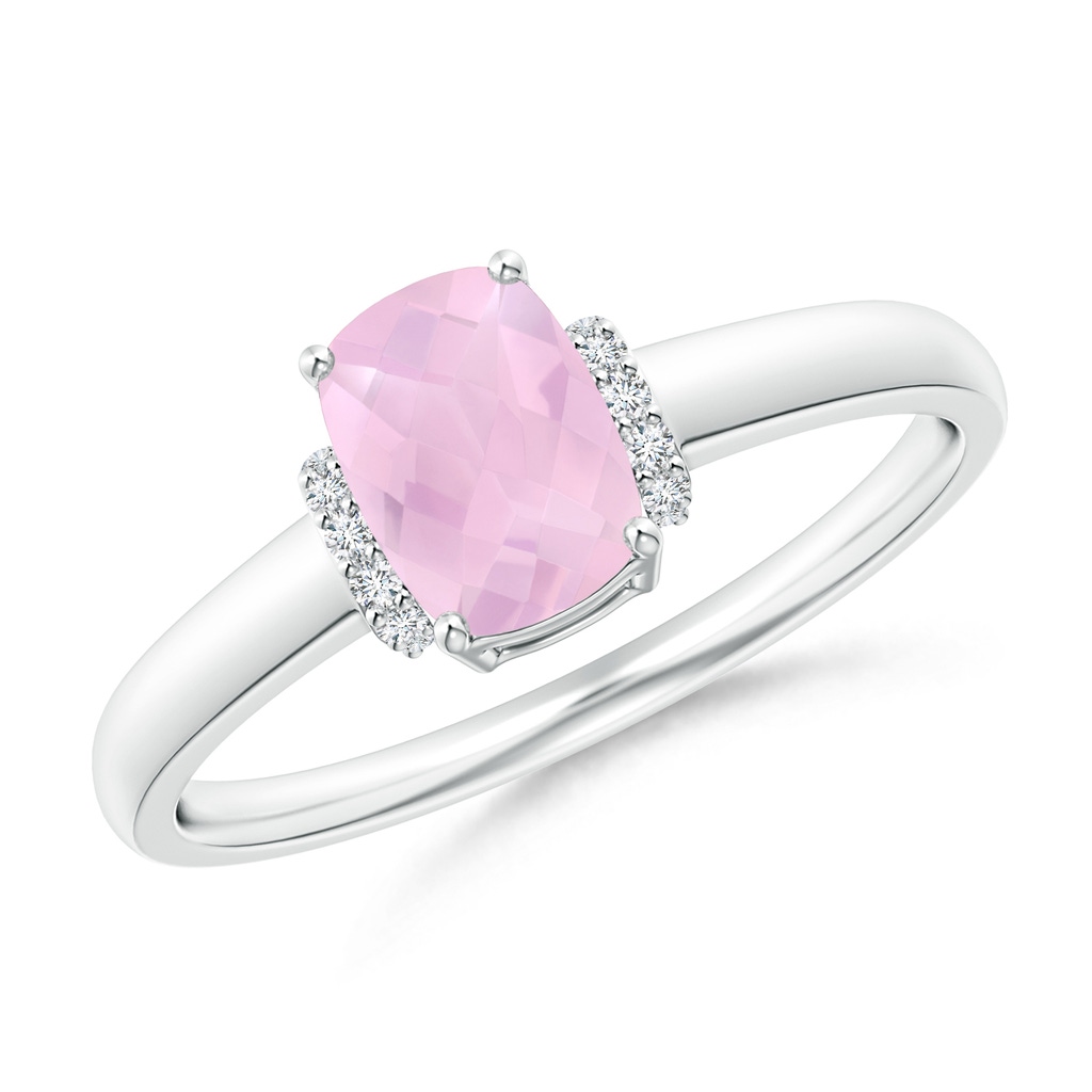 7x5mm AAAA Cushion Rose Quartz Ring with Diamond Collar in White Gold