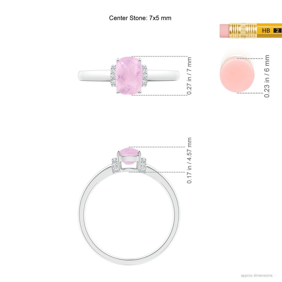 7x5mm AAAA Cushion Rose Quartz Ring with Diamond Collar in White Gold ruler