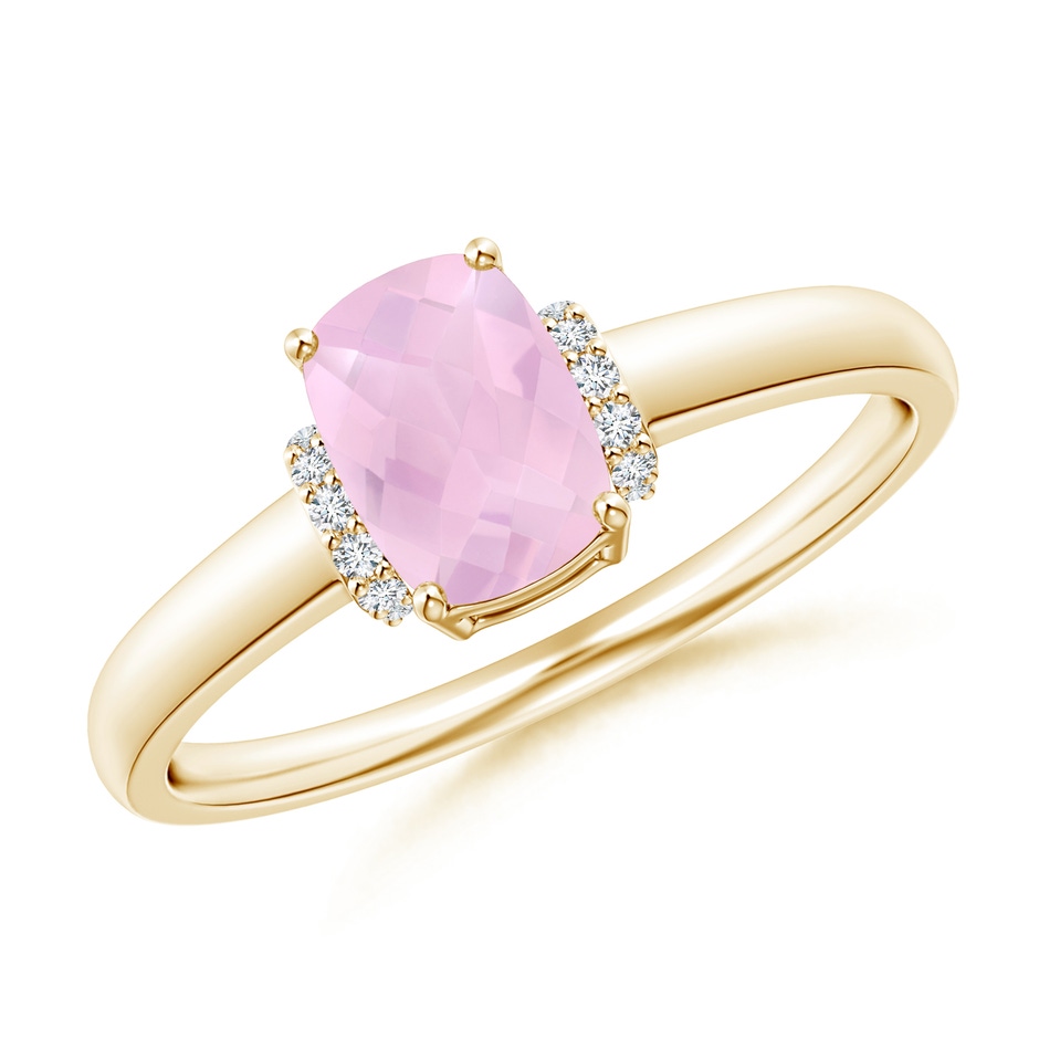 7x5mm AAAA Cushion Rose Quartz Ring with Diamond Collar in Yellow Gold 