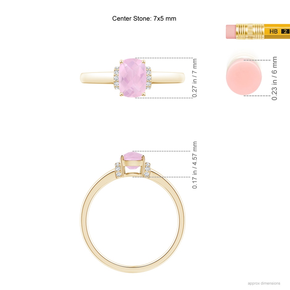 7x5mm AAAA Cushion Rose Quartz Ring with Diamond Collar in Yellow Gold ruler