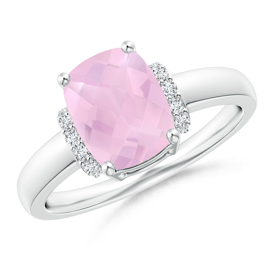 9x7mm AAAA Cushion Rose Quartz Ring with Diamond Collar in White Gold 