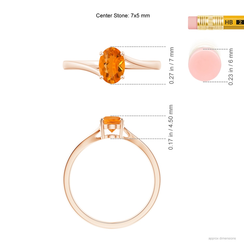 7x5mm AA Prong Set Oval Fire Opal Solitaire Bypass Ring in Rose Gold ruler