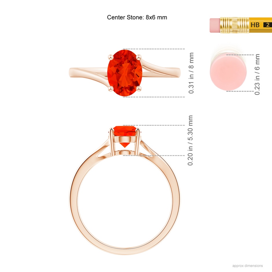 8x6mm AAAA Prong Set Oval Fire Opal Solitaire Bypass Ring in Rose Gold ruler