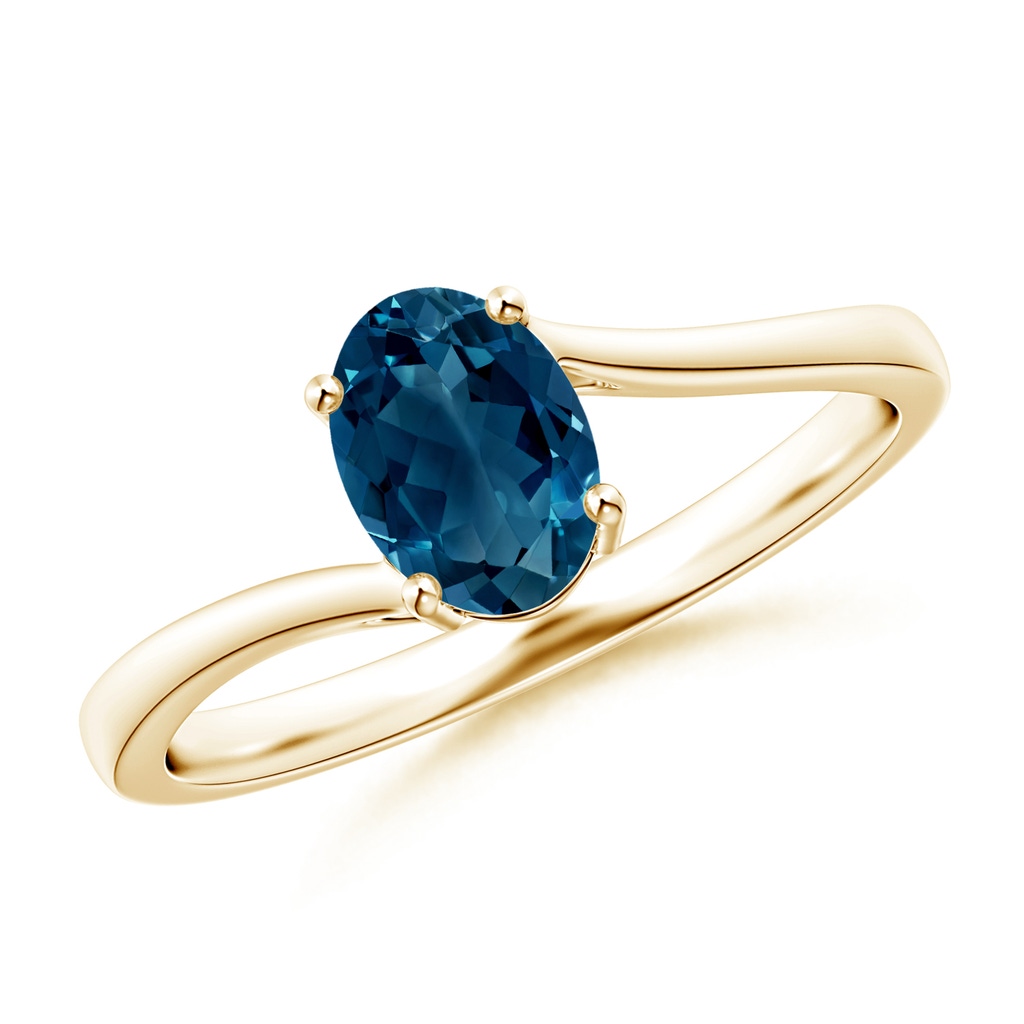 7x5mm AAAA Prong Set Oval London Blue Topaz Solitaire Bypass Ring in Yellow Gold