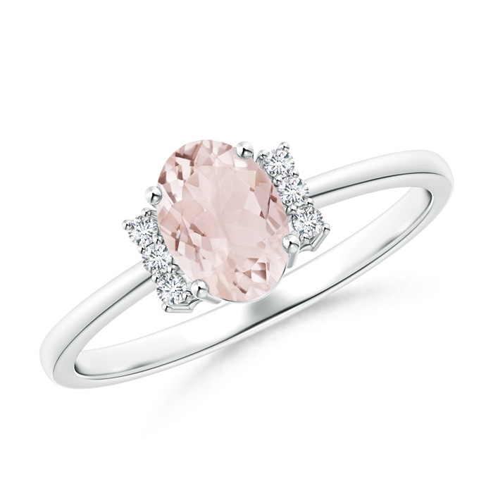 7x5mm A Tapered Shank Solitaire Oval Morganite Ring with Diamonds in White Gold 