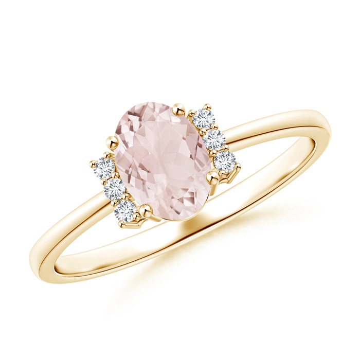 7x5mm A Tapered Shank Solitaire Oval Morganite Ring with Diamonds in Yellow Gold 
