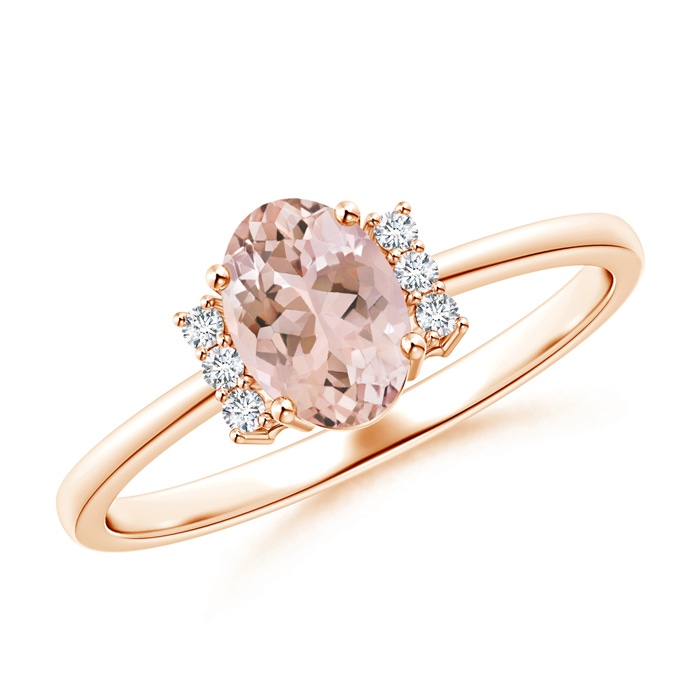 7x5mm AAAA Tapered Shank Solitaire Oval Morganite Ring with Diamonds in Rose Gold 