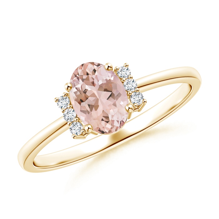 7x5mm AAAA Tapered Shank Solitaire Oval Morganite Ring with Diamonds in Yellow Gold