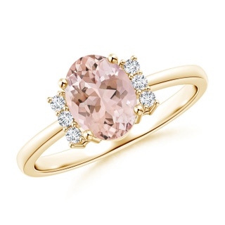 8x6mm AAAA Tapered Shank Solitaire Oval Morganite Ring with Diamonds in Yellow Gold