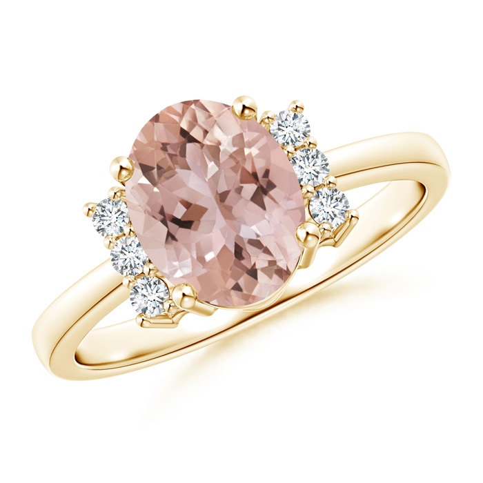 9x7mm AAA Tapered Shank Solitaire Oval Morganite Ring with Diamonds in Yellow Gold 