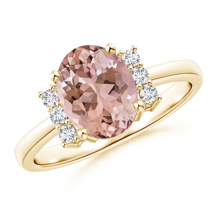 9x7mm AAAA Tapered Shank Solitaire Oval Morganite Ring with Diamonds in Yellow Gold 