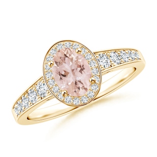 7x5mm AAA Oval Morganite and Diamond Halo Ring with Pavé Accents in 9K Yellow Gold